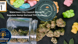 Open jar with cannabis buds and colorful gummies on a dark surface. Text: Watertown City Council plans hemp-derived THC regulations. Logos present.