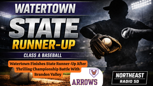 Watertown State Runner-Up Class A baseball graphic shows silhouetted pitcher with glove and ball under stadium lights.