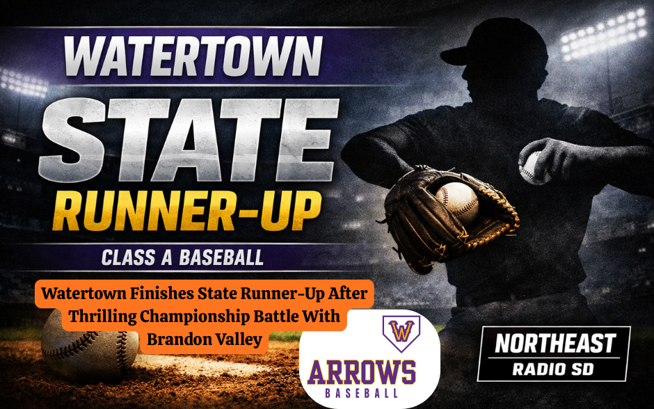 Watertown State Runner-Up Class A baseball graphic shows silhouetted pitcher with glove and ball under stadium lights.