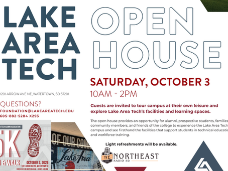 Lake Area Tech open house poster: Saturday, October 3, 10AM-2PM, Watertown, SD, with info and small 5K run/walk ad.