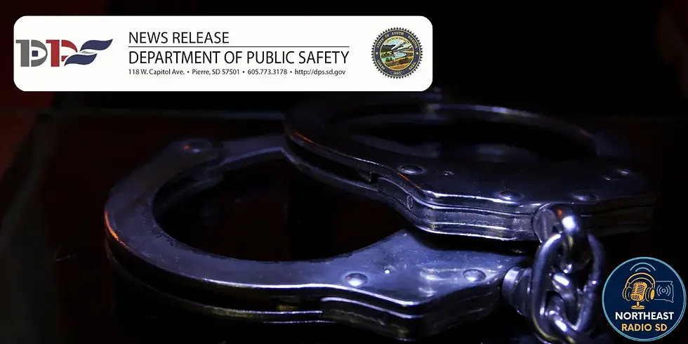 Silver handcuffs on dark background with a Department of Public Safety news release overlay. Northeast Radio SD logo visible.