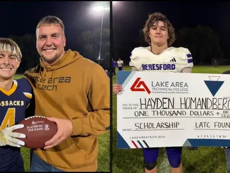 Two images side by side: Left, a football player holding a ball with a man in a hoodie. Right, a player with a woman holding a $1,000 scholarship check.