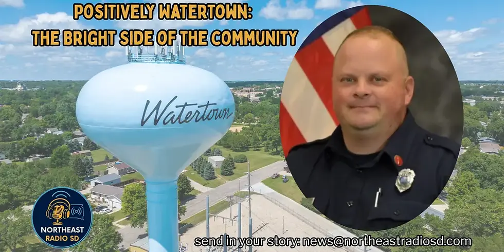 Aerial of Watertown water tower with smiling official in uniform overlaid. Text: "Positively Watertown: The Bright Side of the Community."