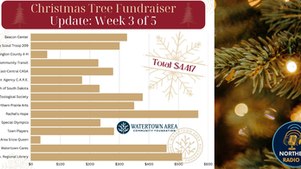 Bar chart showing Christmas Tree Fundraiser progress for various groups, Week 3 of 5. Total: $4,417. Festive tree background.