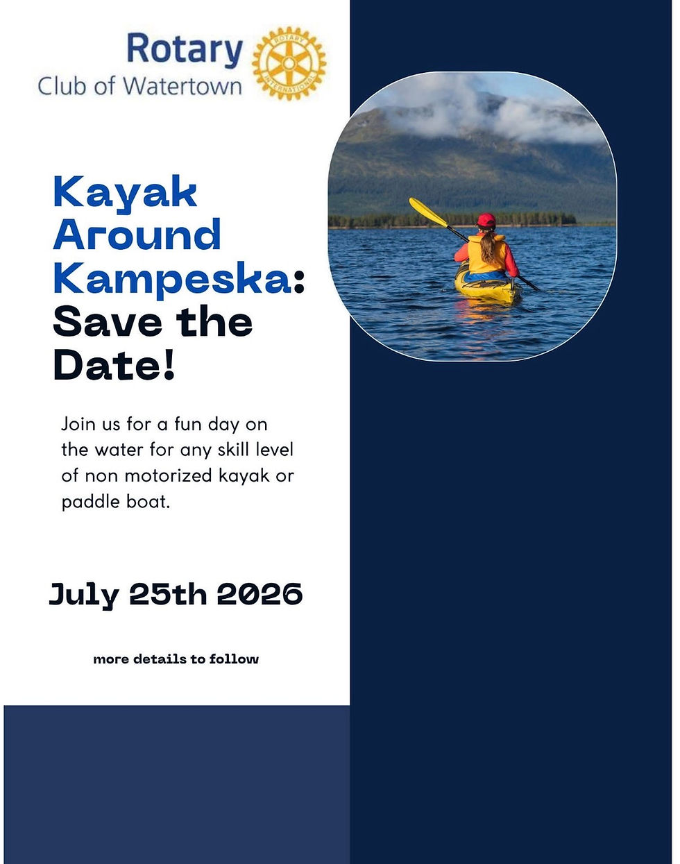 Rotary Club of Watertown poster for Kayak Around Kampeska, Save the Date, with kayaker on lake and July 25th 2026 text