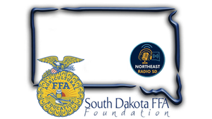 Outline of South Dakota with FFA emblem and "South Dakota FFA Foundation" text. "Northeast Radio SD" logo features a microphone icon.