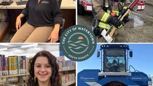 Collage of Watertown, South Dakota workers: office staff, firefighter, librarian, and heavy equipment operator with city seal.