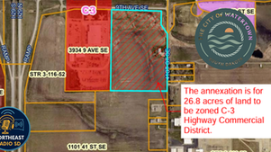 Map showing 26.8 acres for annexation, zoned C-3 in Watertown, highlighted in red and blue. Text overlays and logo included.