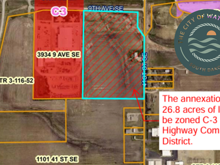 Map showing 26.8 acres for annexation, zoned C-3 in Watertown, highlighted in red and blue. Text overlays and logo included.