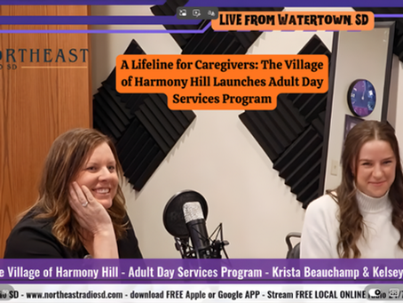Two women smiling in a radio studio with microphones. Text: A Lifeline for Caregivers, Harmony Hill Adult Day Services Program. Warm, engaging atmosphere.