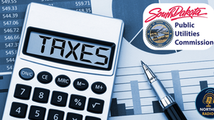 Calculator displaying "TAXES," with charts, a pen, and logos for South Dakota Public Utilities Commission and Northeast Radio SD.