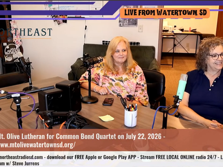 Two women smile at microphones in a radio studio with LIVE FROM WATERTOWN, SD and Northeast Media SD branding.