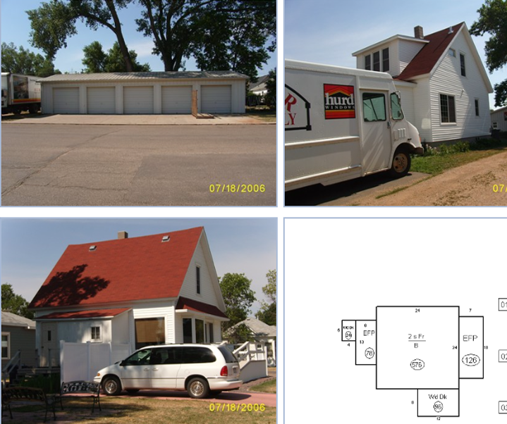 Collage of a white house with a red roof, garage and minivan, a work truck, and a simple floor plan with labeled rooms.
