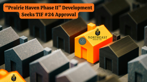 Miniature houses with one bright orange home labeled Northeast Radio SD; headline reads Prairie Haven Phase II seeks TIF #24 approval.