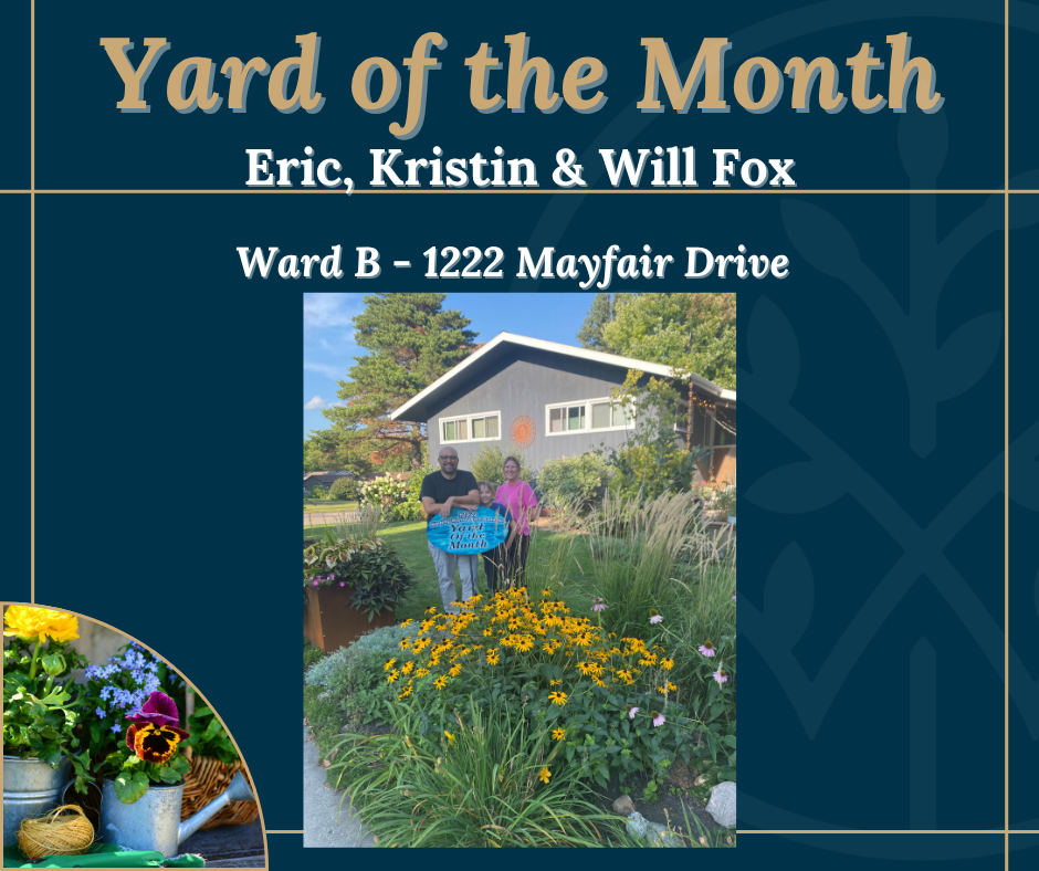 Yard of the Month poster showing Eric, Kristin & Will Fox at 1222 Mayfair Drive in a colorful garden.