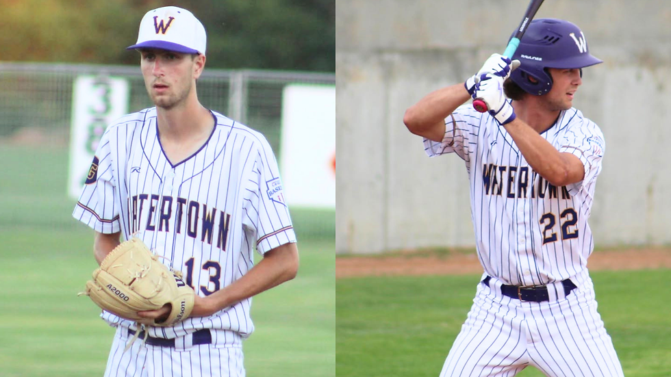 Two Watertown baseball players on field: pitcher in white pinstripes and batter in purple helmet ready to swing.
