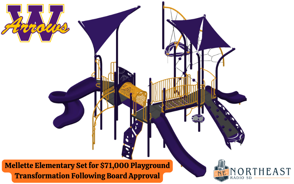Playground design in purple and yellow with slides and climbing nets. Text: Mellette Elementary set for $71,000 transformation. Arrows logo.