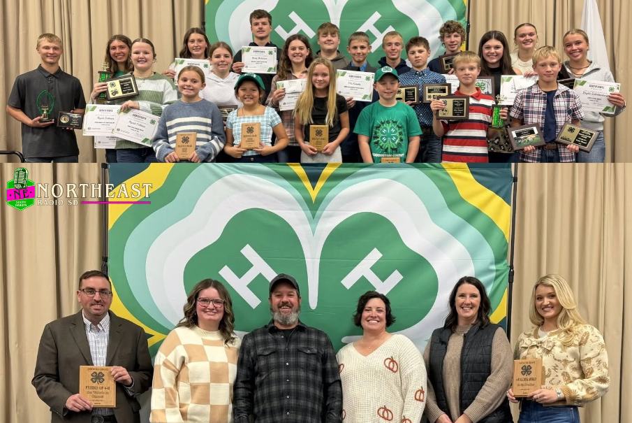 Youth and adults pose with 4-H awards and plaques in front of a green clover banner, smiling at an indoor ceremony.