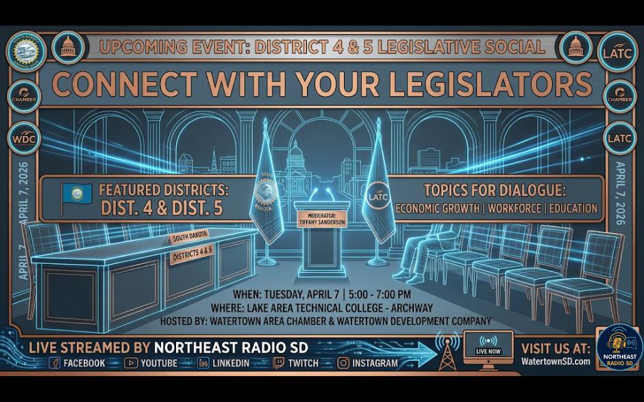 Legislative social event poster with a podium, chairs, and text about connecting with legislators in Districts 4 & 5. Blue and orange colors.