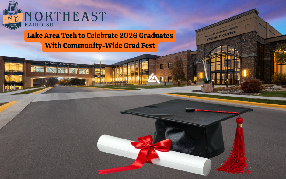 Graduation cap and diploma with red ribbon in front of Lake Area Tech building at dusk. Text: Lake Area Tech celebrates 2026 grads.