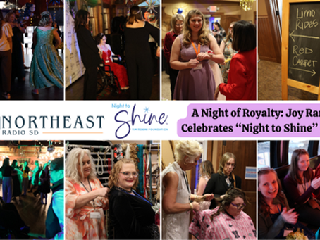 People at "Night to Shine" event in Joy Ranch 2026. Festive atmosphere, colorful lights, dance, and styling activities. Sign: Limo Rides, Red Carpet.