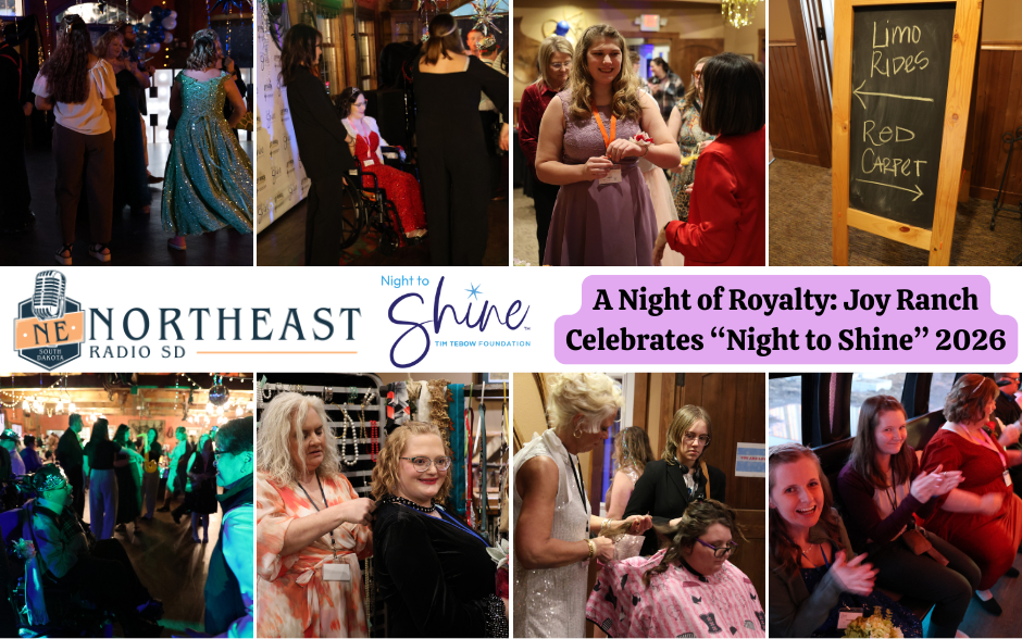 People at "Night to Shine" event in Joy Ranch 2026. Festive atmosphere, colorful lights, dance, and styling activities. Sign: Limo Rides, Red Carpet.