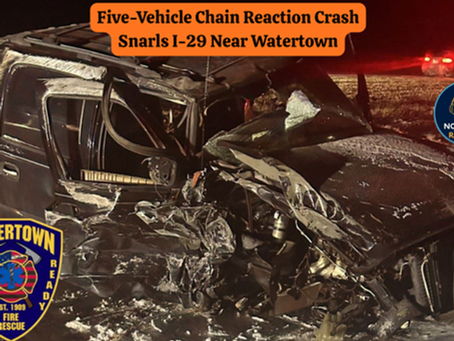 Damaged vehicle in a five-car crash near I-29, Watertown. Nighttime setting with rescue and radio logos. Text: "Five-Vehicle Chain Reaction Crash."
