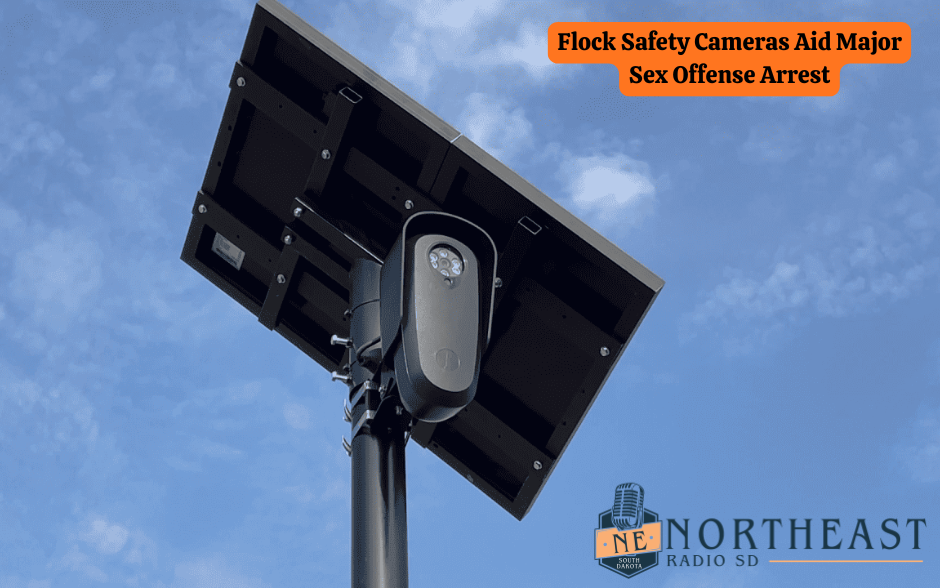 Solar camera on pole against blue sky; headline reads Flock Safety Cameras Aid Major Sex Offense Arrest.