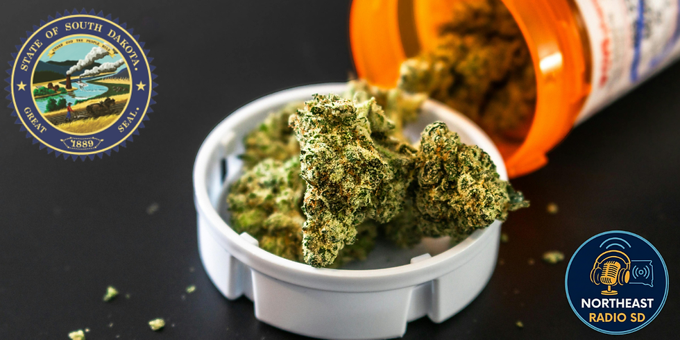 Cannabis buds on a white cap with an open orange bottle, South Dakota seal, and "Northeast Radio SD" logo on a dark background.