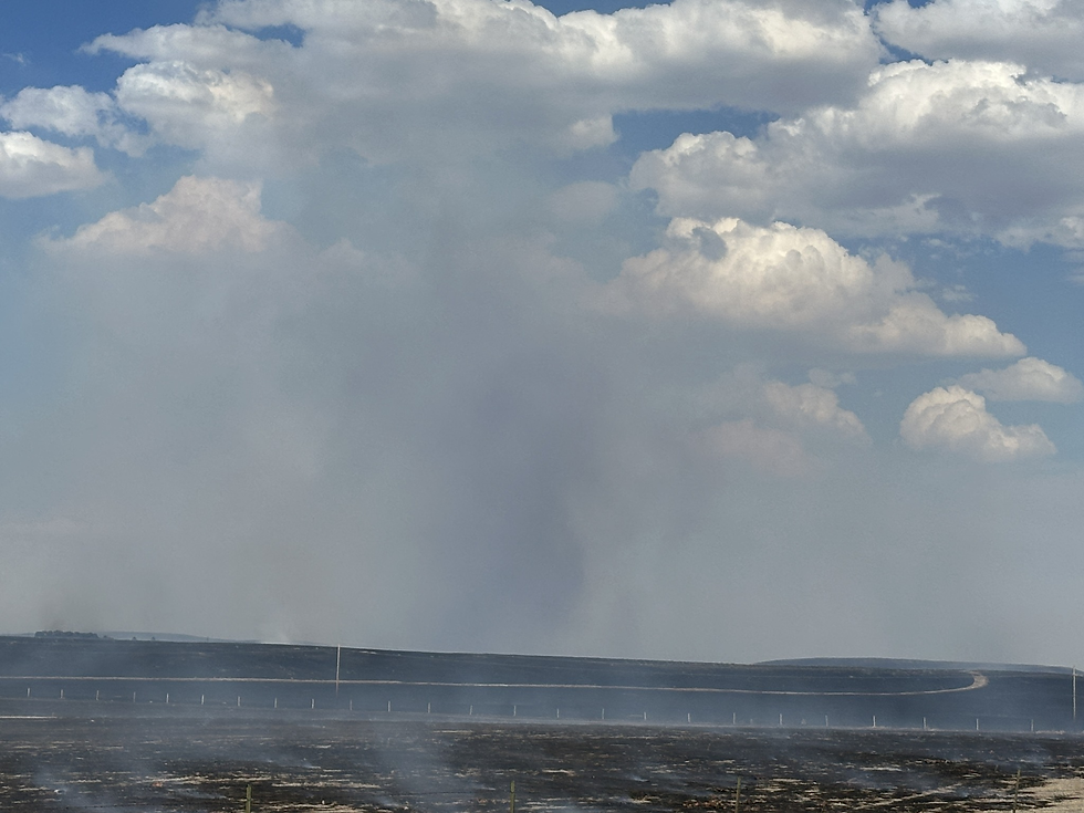 Cloudy sky with smoke rising from a charred landscape below. Sparse fencing and a distant horizon suggest a vast, open area.