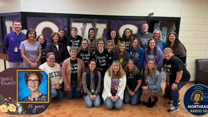 Group of smiling people wearing "Be Kind" shirts in a school hallway. Overlay of woman with "Thanks a Bunch, 25 years" text.