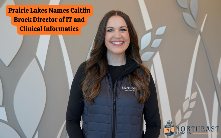 A woman smiles in a vest with "Sanford Health" text. Background has leaf patterns. Text overlay announces her new IT director role. Calm mood.