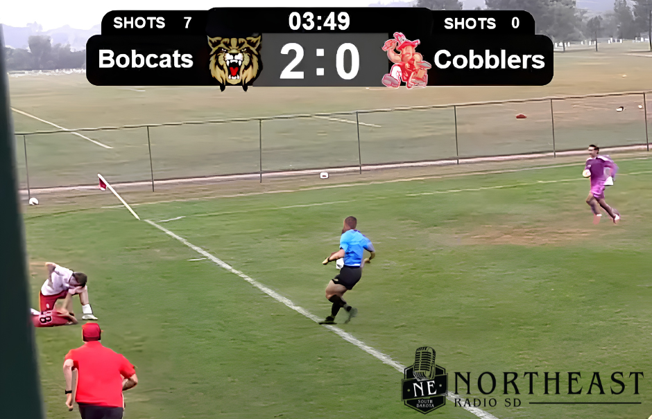 Soccer match on a grassy field with scoreboard overlay: Bobcats lead Cobblers 2-0 with 3:49 left; players and referee on field.