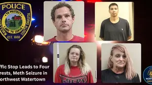 Four arrested individuals' mugshots on a police-themed background with a badge and police lights. Text: Traffic Stop Leads to Four Arrests.