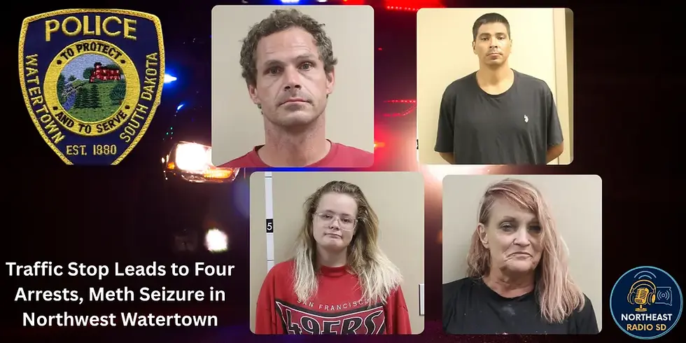 Four arrested individuals' mugshots on a police-themed background with a badge and police lights. Text: Traffic Stop Leads to Four Arrests.