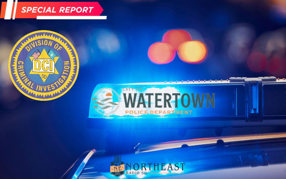 Special report graphic with Watertown Police Department light bar, DCI seal, and blue flashing police lights.