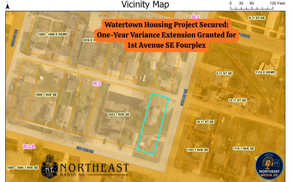 Map of Watertown area highlighting a property with blue lines. Orange text box reads "Watertown Housing Project Secured: One-Year Variance Extension..."