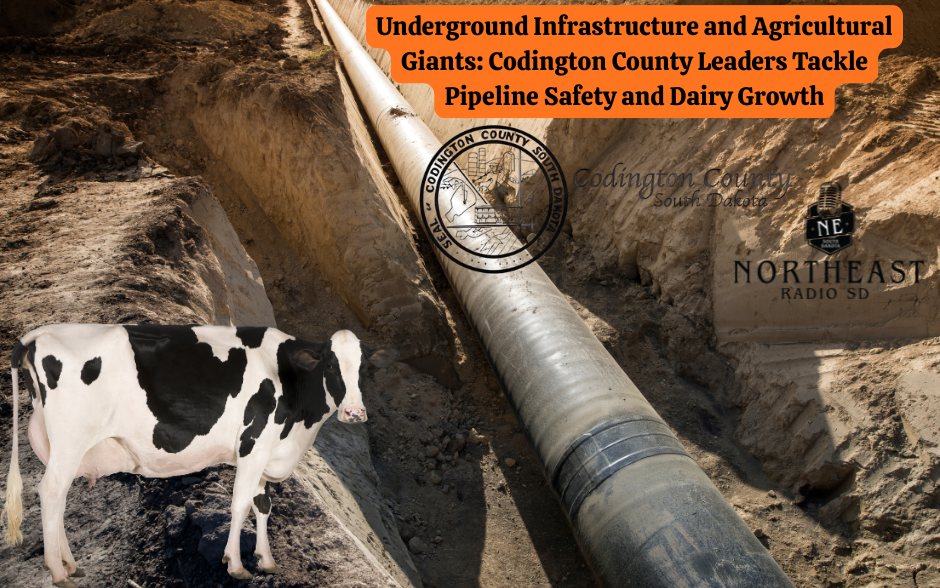 A cow stands near a large pipeline in a trench. Text reads: "Underground Infrastructure and Agricultural Giants: Codington County Leaders Tackle Pipeline Safety and Dairy Growth."