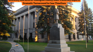 Statue in front of a courthouse surrounded by trees at sunset. Text reads "Efficiency and Reform: Codington County State’s Attorney Reports Dramatic Turnaround in Case Timelines."