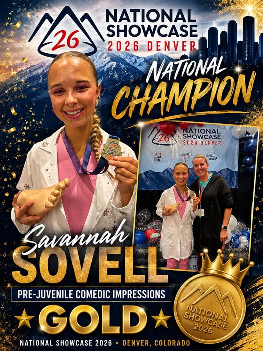 Savannah Sovell in a white coat holds a medal and bread on a National Showcase 2026 Denver poster, named National Champion, Gold.