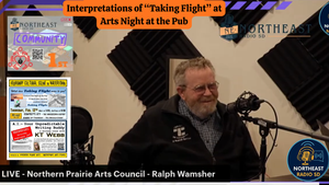 Man speaking into a microphone in a soundproofed studio. Text promotes "Arts Night at the Pub." Bright posters and Northeast Radio logo visible.