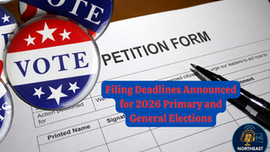 Buttons with "VOTE," a petition form, pen, and "Filing Deadlines Announced for 2026 Primary and General Elections" text overlay. Patriotic theme.