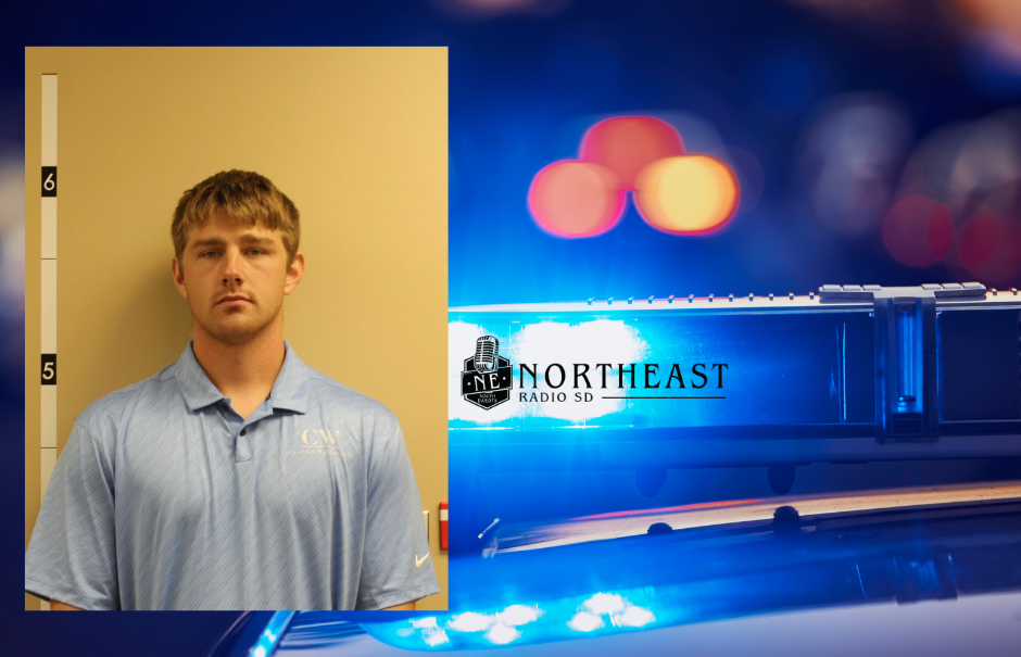 Mugshot-style photo of a young man in a light blue polo beside a height chart, over a blue police-light graphic with Northeast Radio SD logo