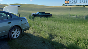 Silver sedan with open trunk beside a pickup in a grassy field under blue sky, with Northeast Radio SD logo.