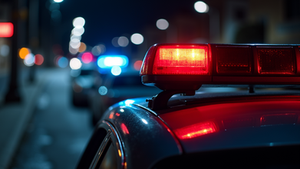 Close-up of a police car light bar flashing red and blue on a blurred city street at night, creating a tense mood.