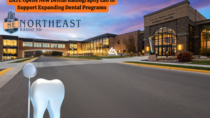Exterior of Lake Area Technical College at dusk with a giant tooth and dental tool. Sign announces new dental radiography lab.