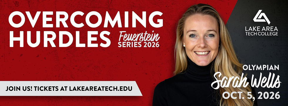 Red-and-black event poster with smiling woman, Lake Area Tech logo, and text: Overcoming Hurdles, Sarah Wells, Oct. 5, 2026.