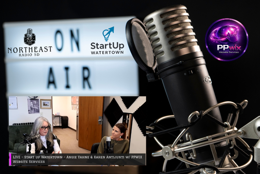 Radio studio graphic with ON AIR sign, microphone, and two women talking; logos for Northeast Radio SD, StartUp Watertown, and PPWiX.