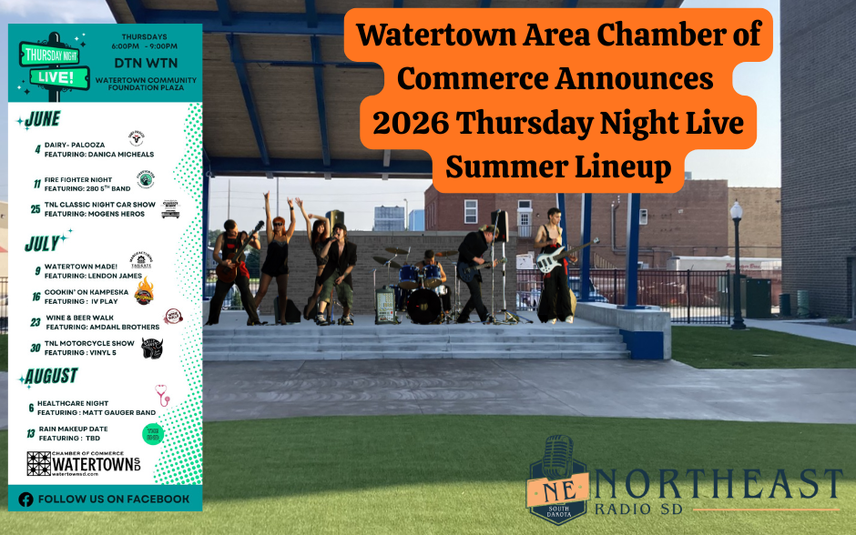 Band performing on an outdoor stage. Text: Downtown Watertown announces 2026 Thursday Night Live lineup. Includes music events schedule.