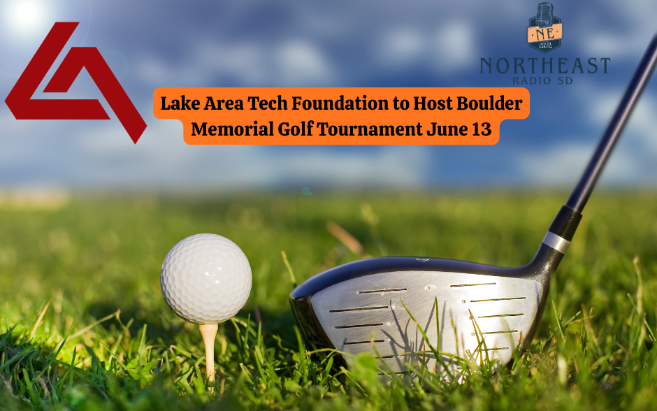 Golf club and ball on grass under blue sky. Text: Lake Area Tech Foundation to host Boulder Memorial Golf Tournament June 13. Logos visible.